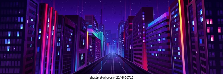 City street with houses and buildings with glowing windows at night. Cityscape with empty road, houses and skyscrapers with neon color ligth, vector cartoon illustration