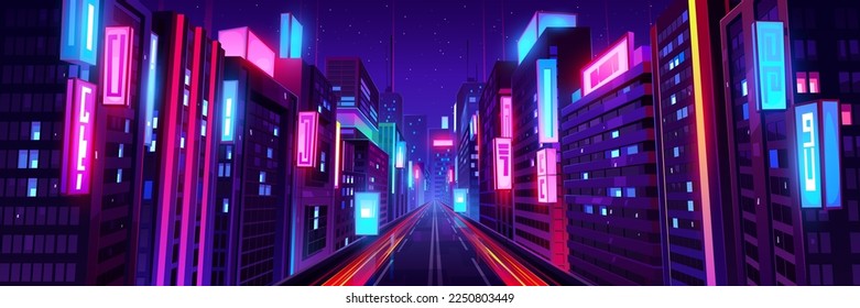 City street with houses and buildings with glowing windows at night, perspective view. Cityscape with road, houses, store and skyscrapers with neon signboards, vector panoramic cartoon illustration