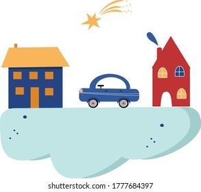 City street with houses and a car. Flat illustration for logo, magazine, print on t-shirt, postcard, poster.