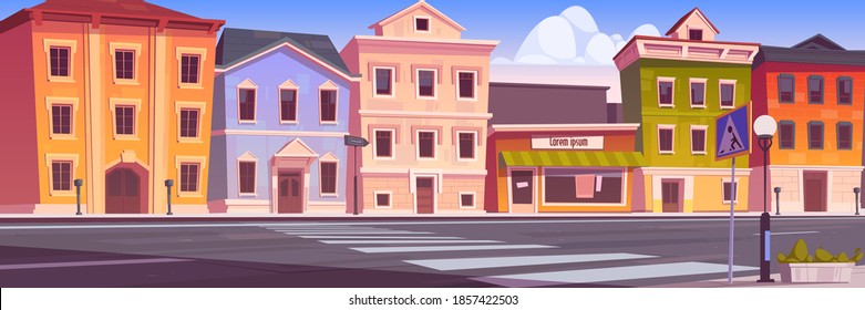 City street with houses, empty car road and pedestrian crosswalk. Vector cartoon background with cityscape, urban landscape with residential buildings, office and shops