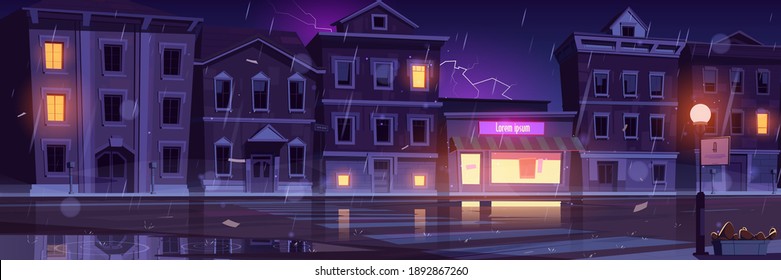 City Street With Houses And Empty Road At Cold Weather With Rain And Lightning. Vector Cartoon Cityscape With Glowing Windows Of Shop Or Cafe At Rainy Night. Illustration Of Thunderstorm In Town