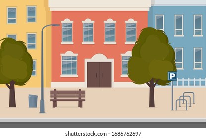 City street with houses facades. Urban landscape. City buildings along wide street with trees, bench, street lamp and bicycle parking. Vector illustration in flat style