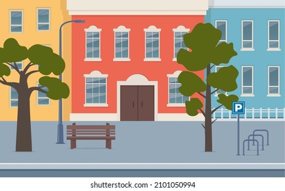 City street with houses facades. Urban landscape. City buildings along wide street with trees, bench, street lamp and bicycle parking. Vector illustration in flat style