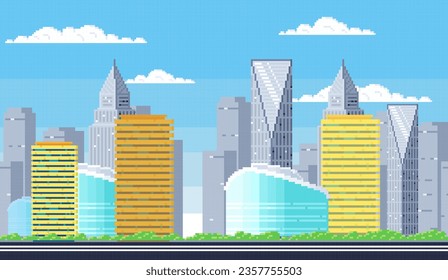 City street with houses and greenery, skyscrapers. Pixelated landscape with nature and architecture. Residential building in pixel art style. Multi apartment buildings of different height in town