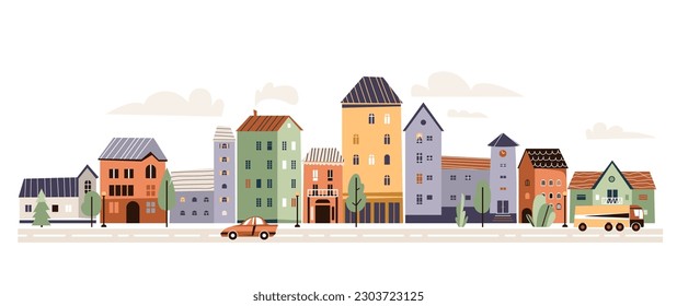 City street with houses, street light, tree, car, road vector illustration. Town horizontal border in flat modern cartoon style. Exterior architecture panorama.