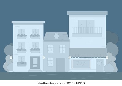 city street, houses, lights, monochrome illustration of simple shapes