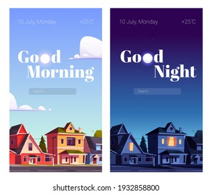 City Street With Houses At Night And Morning. Vector Template For Mobile Phone Screensaver With Time And Weather. Smartphone Background Theme With Cartoon Cityscape