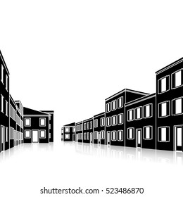 city street with houses on a white background