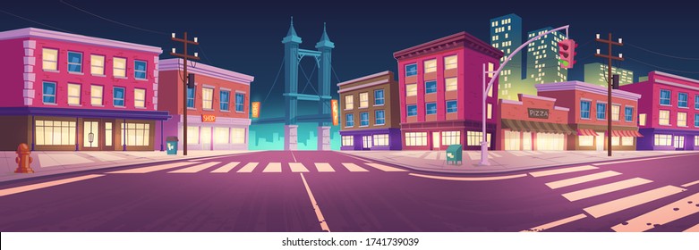 City Street With Houses, Road With Pedestrian Crosswalk And Traffic Lights At Night. Vector Cartoon Cityscape, Urban Landscape With Buildings With Lit Windows, Overpass Road And Skyscrapers