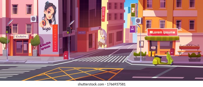 City street with houses, road with pedestrian crosswalk, traffic lights and scooter of deliver beside store. Vector cartoon cityscape, urban landscape with residential buildings and shops