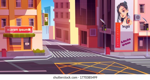 City street with houses, road with pedestrian crosswalk, traffic lights and store front with banner. Vector cartoon cityscape, urban landscape with residential buildings and shops