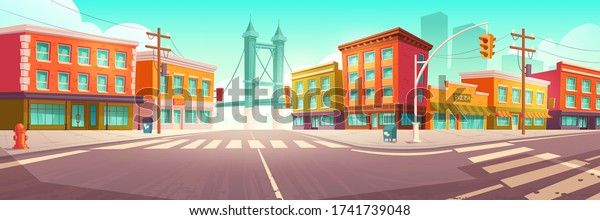 City street with houses, road with pedestrian\
crosswalk and traffic lights. Vector cartoon cityscape, urban\
landscape with residential buildings, overpass road and skyscraper\
on background