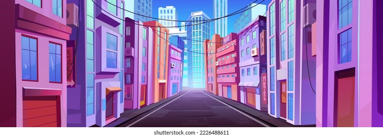 City street with houses and skyscrapers in perspective view. Town landscape with road, buildings with store, offices and motel, hanging power lines, vector cartoon illustration