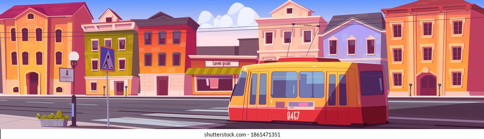 City street with houses, tram and empty car road with pedestrian crosswalk. Vector cartoon cityscape with tramway, urban landscape with residential buildings, store and railway on road