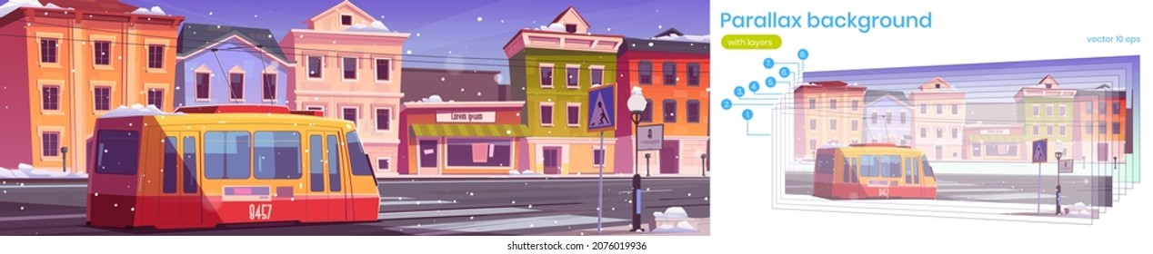 Calle de la ciudad con casas, tranvía y calle vacía con paso peatonal en invierno. Antecedentes vectoriales paralelos para animación 2d con ilustración de la ciudad con tranvía, edificios y nieve