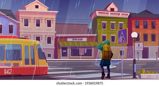 City street with houses, tram and pedestrian man