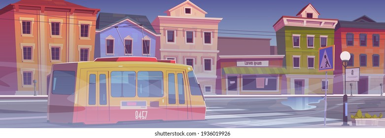 City street with houses, tram and white fog