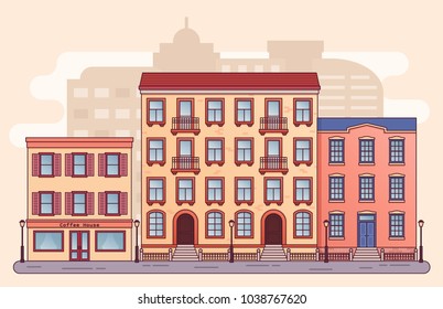 City street with houses. Vector. Home buildings, cafe in flat style. Cartoon cityscape background. Residential house with apartments. Architecture design.  Linear illustration.