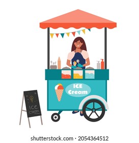 City street ice cream stall.  Girl seller holding icecream cone and stands behind the counter. Selling sweet dessert in the market, food court. Flat vector illustration isolated on white background