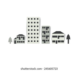 City street Illustration. Black and white town silhouette. Flat vector design. 