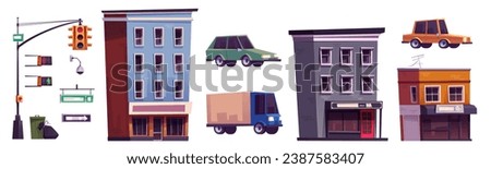 City street intersection design elements set isolated on white background. Vector cartoon illustration of cars and truck, traffic lights and road signs, modern buildings and shops, surveillance camera