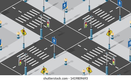 City street intersection isometric seamless repeating pattern urban design elements