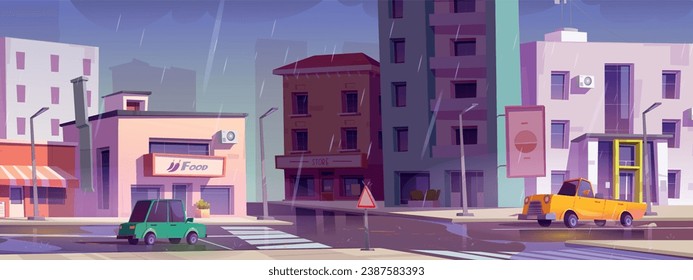 City street intersection in rain - cartoon vector town landscape with multistorey buildings with shop and cafe, cars riding road with cross, sidewalks and puddles under falling rainy drops.