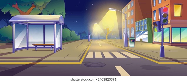 City street intersection with sidewalk, public bus stop, traffic lights and zebra cross under streetlights at night. Cartoon dusk empty town landscape with houses, road with crosswalk and pedestrian.