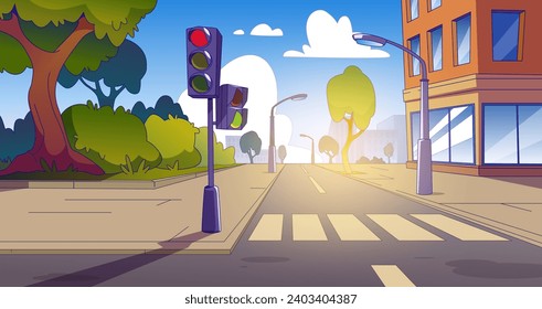 Stadtstraße Kreuzung mit Bürgersteig, Ampel und Zebra Kreuz. Cartoon Sommerstadt Landschaft mit mehrstöckigen Gebäuden, Straße mit Fußgängerweg und Fußgängerzone. Leere Straßenecke im Stadtzentrum.