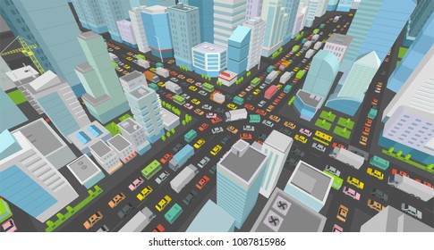 City street Intersection traffic jams road 3d. Very high detail Isometric projection view. A lot cars end buildings top view Vector illustration