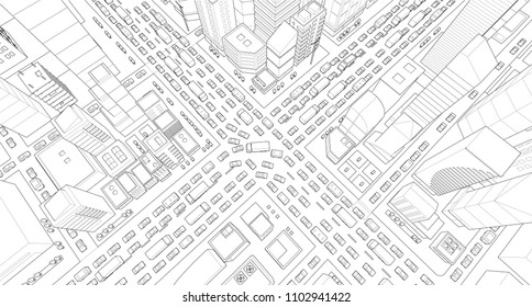 City street Intersection traffic jams road 3d drawing. Black lines outline contour style Very high detail projection view. A lot cars end buildings top view Vector illustration