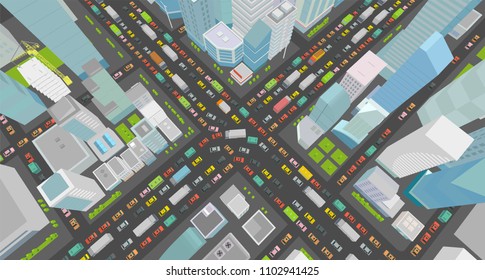 City street Intersection traffic jams road 3d. Very high detail projection view. A lot cars end buildings top view Vector illustration