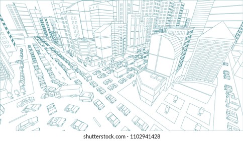 City street Intersection traffic jams road 3d drawing. Blue lines outline contour style Very high detail projection view. A lot cars end buildings top view Vector illustration