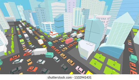 City street Intersection traffic jams road 3d. Black lines outline contour style Very high detail view. A lot cars end buildings top view Vector illustration