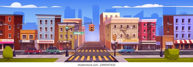 City street intersection. Vector cartoon illustration of cars on town road, modern office and apartment building facades with cafe and shops, traffic signs and lights, green lawn and bushes, blue sky