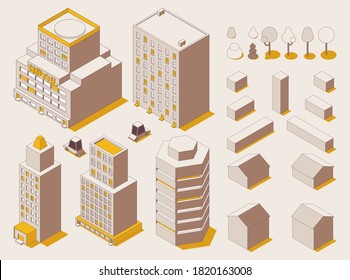 City Street isometrischer Konstruktor im Umriss-Modus mit Autos, Gebäuden und Bäumen. Vektorstylische Illustration mit gelben Elementen