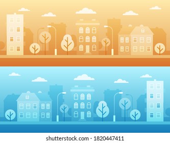 City street landscape background. Urban scene with hoses and trees. Abstract city backdrop. Vector cartoon illustration.