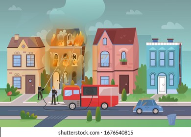 City street landscape at disaster massive fire flat cartoon vector illustration panorama. Firemen fight with flame by water stream from special truck. Burning building damages too much. Poster, banner