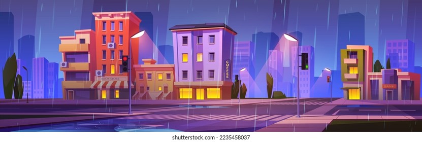 City street landscape with houses, car road and trees in rain at evening. Town with buildings, crossroad with traffic lights and pedestrian crosswalk at rainy weather, vector cartoon illustration