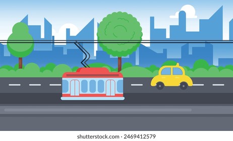 City street landscape with tram car and skyline buildings in the background. concept of transport in a city. vector illustration