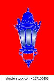 City street lantern, vector isolated on red background. Blue Lantern illustration.