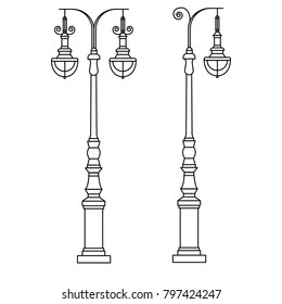 City street light post with two hanging lamps in outline design. Street light vector illustration on isolated background in thin linear style.