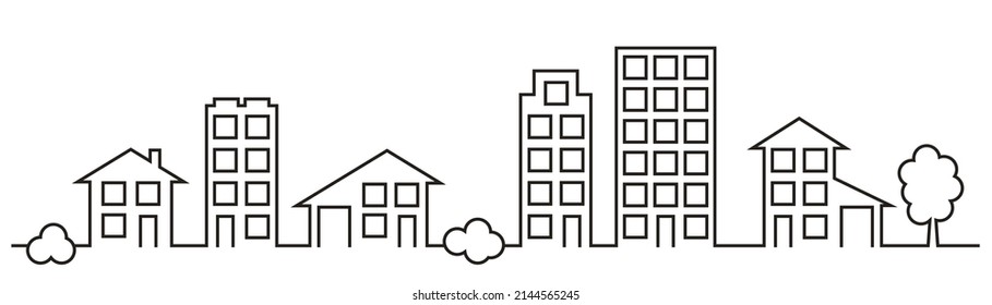 City street line art, town panorama vector illustration. Small and big houses, buildings with garage, city apartments, skyscrapers, trees and bushes. Urban panorama, city streen view. Cottage estate.