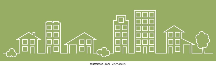 City street line art, town panorama vector illustration. Small and big houses, buildings with garage, city apartments, skyscrapers, trees and bushes. Urban panorama, city streen view. Cottage estate.