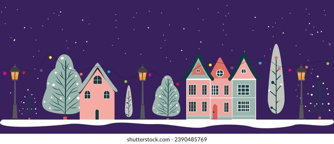 City street line art, town panorama vector illustration. Small and big houses, buildings with garage, city apartments, skyscrapers, trees and bushes. Urban panorama, city streen view. Cottage estate.	