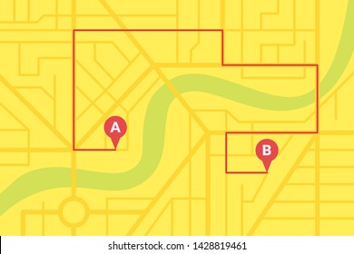 City street map plan with GPS pins and navigation route from A to B point markers. Vector yellow color illustration schema