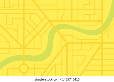 City street map plan with river. Vector yellow town color illustration schema