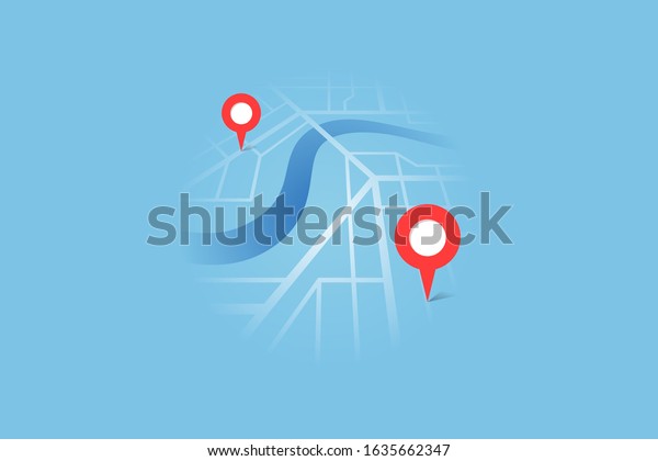 City street map plan\
with river GPS place pins and navigation route between point\
markers. Vector blue color perspective view isometric eps\
illustration location\
schema