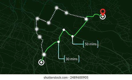 City Street Maps and Road GPS Navigation Map Vectors. City Top View. Route Distance and Turning Suggestions with Red Pin Marks. Vector.