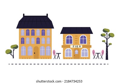 City street with modern house and Swedish cafeteria with tables outside, fresh coffee and pastry. Isolated on white vector illustration in flat style